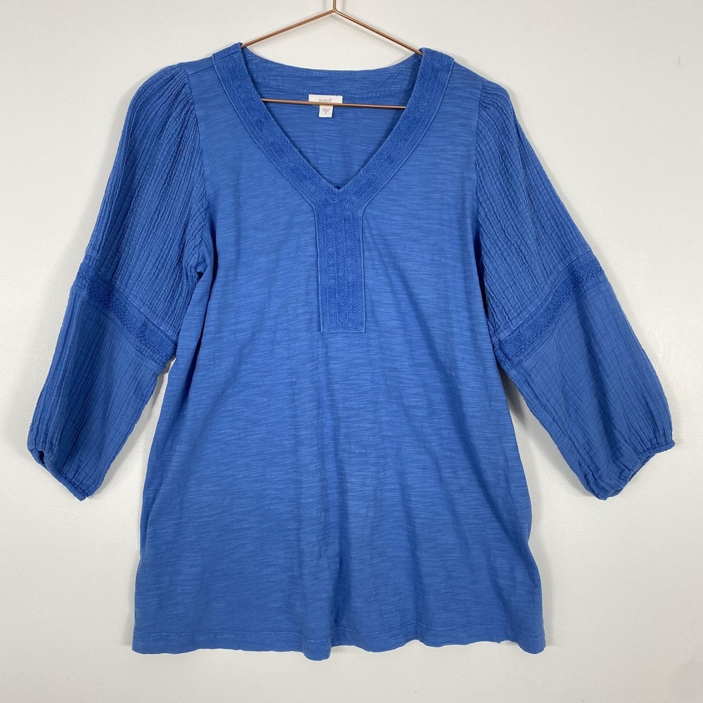 J Jill Pure‎ Jill Shirt Womens Medium Blue Crochet V Neck Tunic Top 3/4 Sleeve